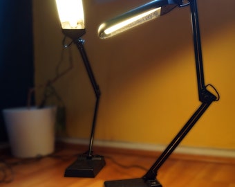 Peut inclure: Deux lampes de bureau noires avec des bras réglables. Une lampe a une ampoule blanche givrée et l'autre a une longue ampoule fluorescente blanche.