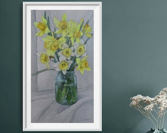 Daffodil painting original Still life flowers Flowers in vase wall art