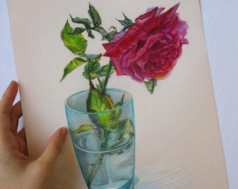 Roses still life Colored pencil drawing original Roses floral painting