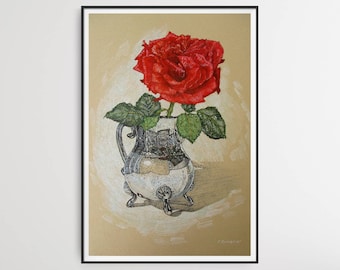 バラのインクスケッチ、バラの絵、オリジナルアートのバラ、オリジナル