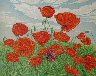 Poppies original painting Original pen and ink drawings Wildflower artwork
