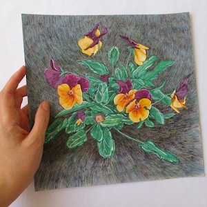 Pansy painting Original pen and ink drawings Pansies art