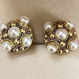 Antik-style Filigree Pearl Earrings 925 Silver Gold-Plated &quot;Dragonfly Eye&quot; Craftsmanship Fine Metalwork Heritage Cultural antique-style