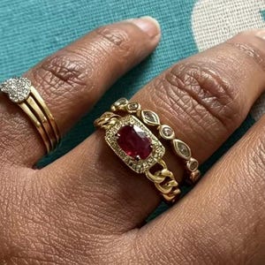 Natural Ruby Ring, Deep Rose Red Ruby, Horizontal East West Setting, Gold Plated Sterling Silver