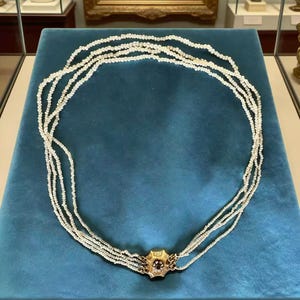 Antique Victorian Wild Seed Pearl Choker Necklace 15K Gold Ruby Paste Clasp Floral Museum Collection