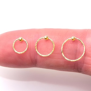 18K Gold, 925 Sterling Silver Nose Ring, Thin Tiny Small Piercing, Diamond Cut, Textured Tragus Cartilage Helix Ear Lip Huggie Ring Hoop