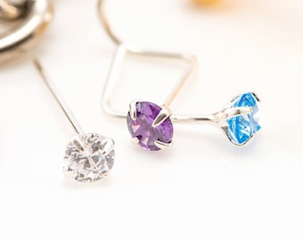 925 Sterling Silver Nose Stud 2.5mm Gem Thin Dainty Crystal CZ Pin Nose Screw Ear Bone End Tiny L shape bend UK