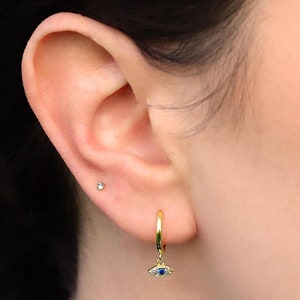 18k Gold Evil Eye Earrings, 925 Sterling Silver Huggie Piercing, Earrings Dangle Charm, Blue Sapphire Cubic Zirconia Stud Pairs