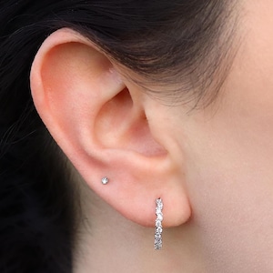 925 Sterling Silver CZ Crystals Earrings, Silver Huggie Ear Piercing Pairs, Tiny Gems, Hypoallergenic Stud, Daith, Helix, Asymmetrical Gems
