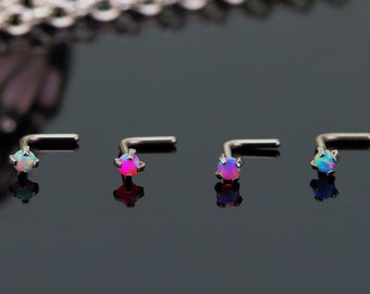 Opal Silver Nose Stud Piercing Opal Jewellery Gemstone Thin Tiny Dainty Crystal CZ Ear L shape bend Pink Blue Purple