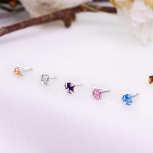925 Sterling Silver Heart Nose Stud 3.0mm Gem Gemstone Thin Tiny Dainty Crystal CZ Pin Nose Screw Ear Bone End L shape bend UK