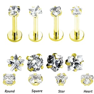 2X/ PAIR GOLD, Heart, Round, Square, Star, Labret Monroe Stud Bar, Tragus Helix Cartilage Lip Ear Nose Stud Earring Piercing Gem Thin Small