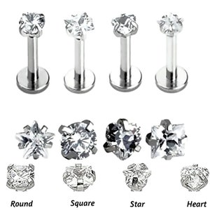 2X/PAAR ZILVER, hart, rond, vierkant, ster, labret Monroe-steel, tragus helix kraakbeen lip oor neus steker piercing edelsteen dun klein