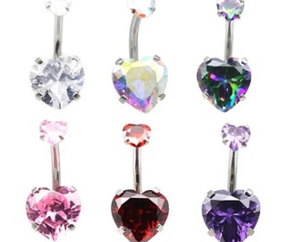 Heart Belly Navel Bars Clawset Double Crystal Gem 6mm 8mm 10mm Belly Barbell Piercing Clear Aqua Pink Blue Purple Surgical Steel Belly Bars