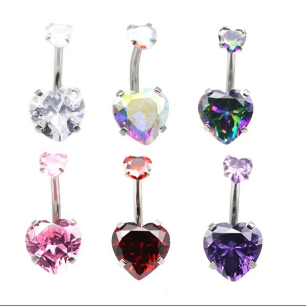 Heart Belly Navel Bars Clawset Double Crystal Gem 6mm 8mm 10mm Belly Barbell Piercing Clear Aqua Pink Blue Purple Surgical Steel Belly Bars