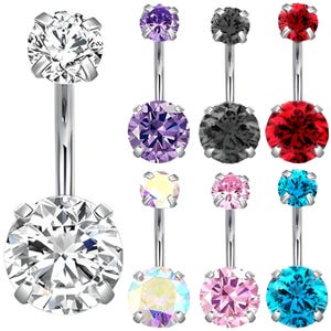 Clawset Belly Bars, Double gemstone Navel Barbell, Surgical Steel Bars, Tiny Piercing, Aqua Pink Purple Clear Crystal Gem, 6mm 8mm 10mm