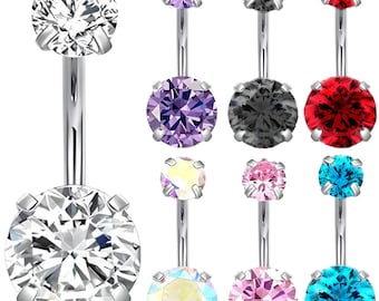 Clawset Belly Bars, Double gemstone Navel Barbell, Surgical Steel Bars, Tiny Piercing, Aqua Pink Purple Clear Crystal Gem, 6mm 8mm 10mm