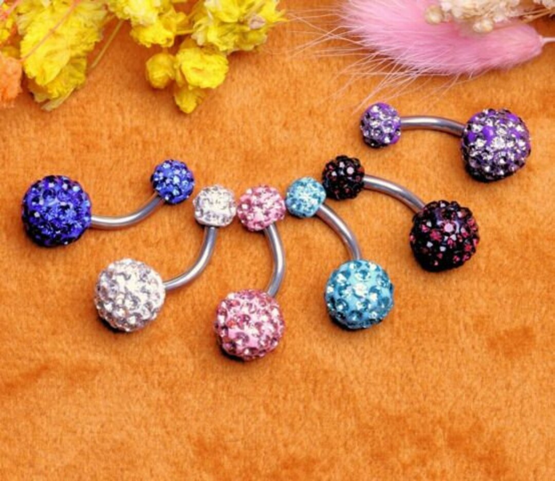 Belly Navel Bars Double Crystal Shamballa Gem 6mm 8mm 10mm Belly