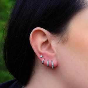 Aqua CZ Crystals, Silver Huggie Ear Piercing Pairs, Tiny Hypoallergenic Surgical Steel Stud Earrings with, Pink, Black, Red, Daith, Helix
