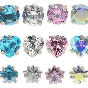 SILVER, Heart, Round, Square, Star, Labret Monroe Stud Bar, Tragus Helix Cartilage Lip Ear Nose Stud Earring Piercing Gem Thin Small