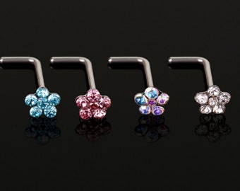 Flower Gem L Shape Nose Stud Surgical Steel Ring Hoop Pin Piercing Bone End Straight Screw UK