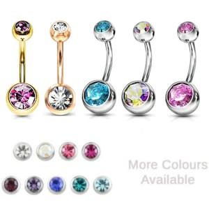 Belly Navel Bars Double Crystal Gem 6mm 8mm 10mm Belly Barbell Piercing Clear Aqua Pink Blue Purple Surgical Steel Belly Bars