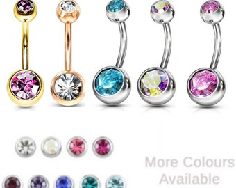 Belly Navel Bars Double Crystal Gem 6mm 8mm 10mm Belly Barbell Piercing Clear Aqua Pink Blue Purple Surgical Steel Belly Bars