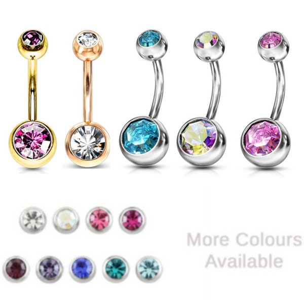 Belly Navel Bars Double Crystal Gem 6mm 8mm 10mm Belly Barbell Piercing Clear Aqua Pink Blue Purple Surgical Steel Belly Bars