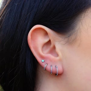Purple Silver Huggie Ear Piercing Pairs, Tiny CZ Crystals, Hypoallergenic Surgical Steel Stud Earrings with, Pink, Black, Red, Daith, Helix