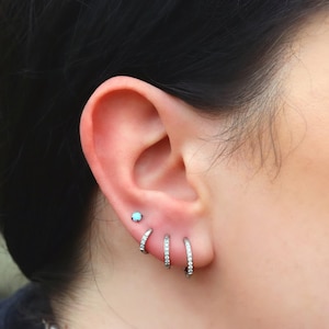 Clear CZ Crystals Silver Huggie Ear Piercing Pairs, Hypoallergenic Surgical Steel Stud Earring, Clear Gems, Daith, Helix