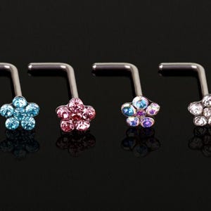 Flower Gem L Shape Nose Stud Surgical Steel Ring Hoop Pin Piercing Bone End Straight Screw UK