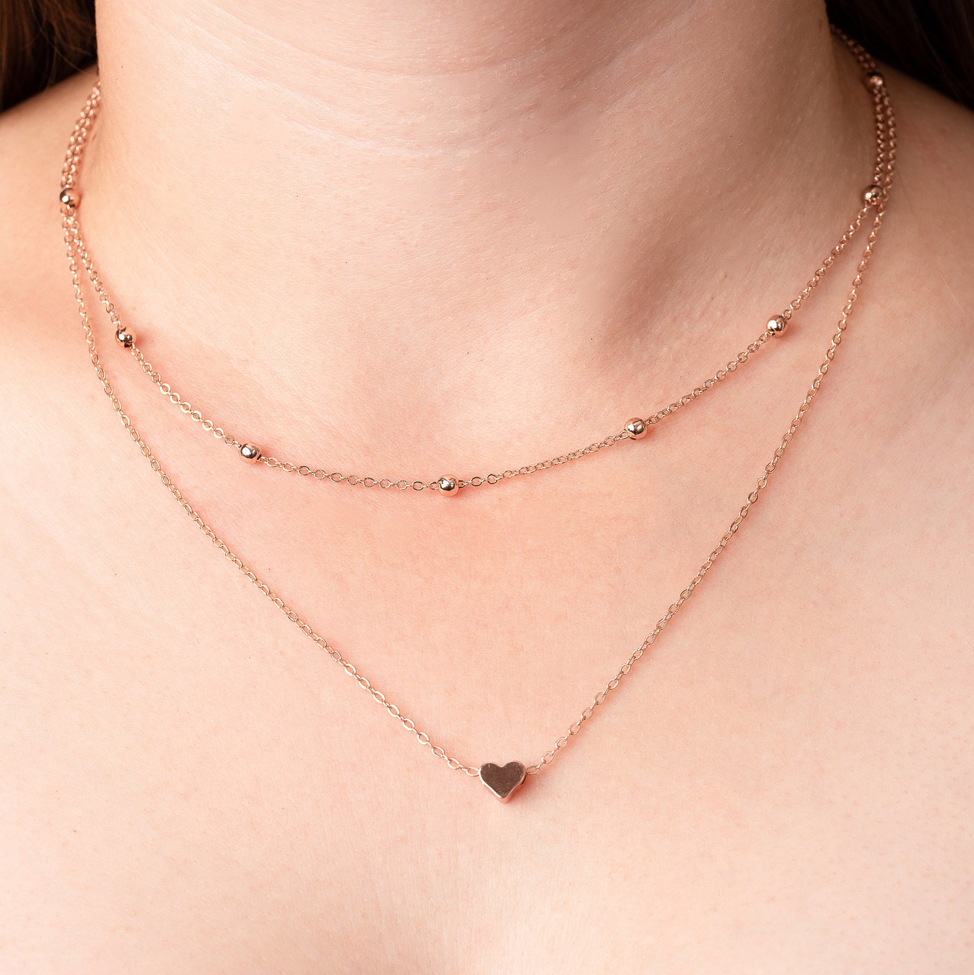 Rose Gold Layered Heart Tiny Dainty Pendant Charm Choker Necklace Bal…