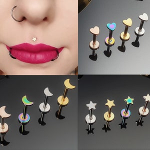 2X/PAIR Labret Monroe Stud Bars Tragus Cartilage Helix Ear Lip Nose Earring Stud Piercing Moon Heart Star 316L Surgical Steel