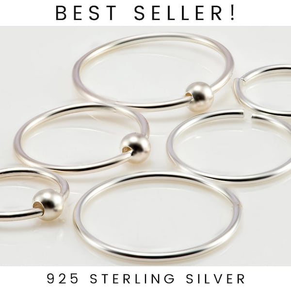 925 Sterling Silver Nose Ring Hoop, Thin Small Nose Ring, Tiny Hoop, Plain Ball Tragus Helix Ear Lip Septum Huggie Piercing 6mm 8mm 0.8 20g