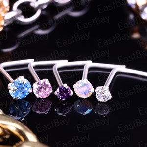 2X/PAIR 925 Sterling Silver Nose Stud Screw Bar Piercing Gemstone Thin Tiny Dainty Crystal CZ Pin Ear Bone End L shape bend 2.0mm 2.5mm 3.0m