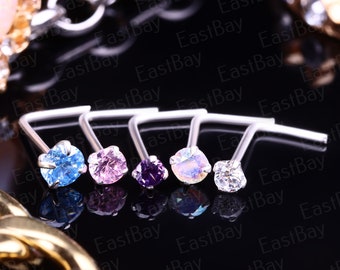 925 Sterling Silver Nose Stud Piercing Gemstone Thin Tiny Dainty Crystal CZ Ear L shape bend 2.0mm 2.5mm 3.0mm, 0.8mm 20g Gauge