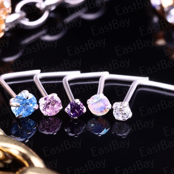 925 Sterling Silver Nose Stud Piercing Gemstone Thin Tiny Dainty Crystal CZ Ear L shape bend 2.0mm 2.5mm 3.0mm, 0.8mm 20g Gauge