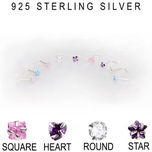 May include: 925 Sterling Silver nose rings with different coloured gemstones. The gemstones are in the shapes of a square, heart, round, and star.