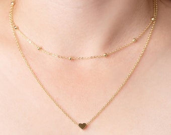 Gold Layered Heart Tiny Dainty Pendant Charm Choker Necklace Ball Detail Chic Boho Jewellery GiftFor Her Women