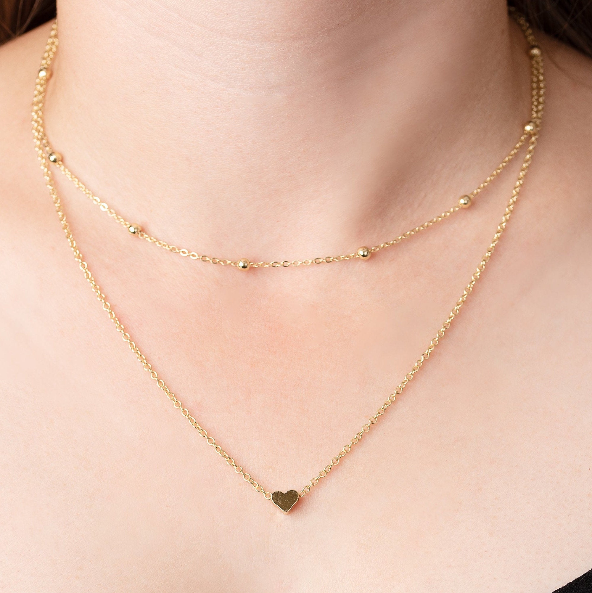 Gold Layered Heart Tiny Dainty Pendant Charm Choker Necklace Ball Det…