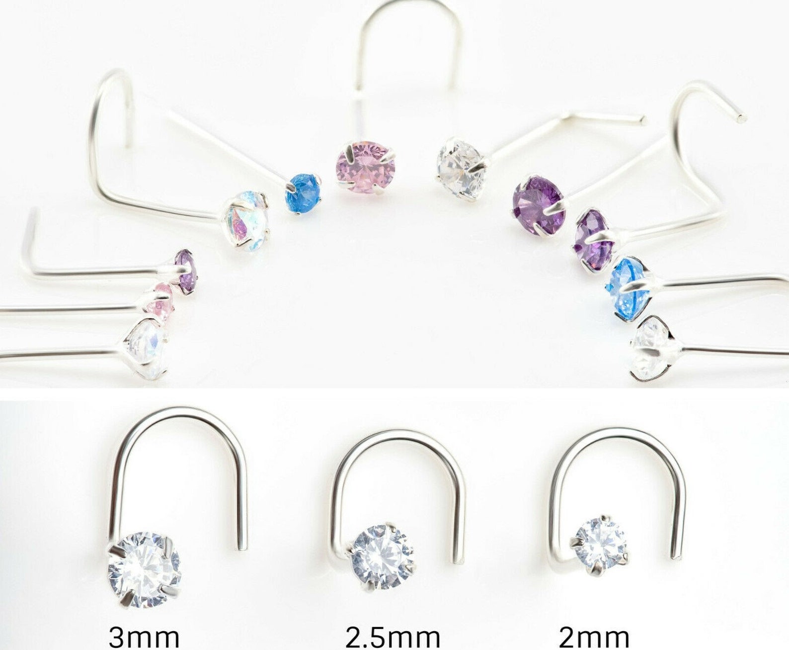 .925 Sterling Silver Nose Bone & Straight Stud Set – 22G 2.5mm Flat Synthetic Opal, Made In Thailand