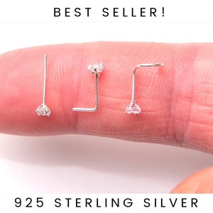 925 Sterling Silver Nose Stud 2.0mm Gem Gemstone Thin Tiny Dainty Crystal CZ Pin Nose Screw Ear Bone End L shape bend UK
