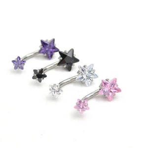 Star Belly Navel Bars Clawset Double Crystal Gem 6mm 8mm 10mm Belly Barbell Piercing Clear Aqua Pink Blue Purple Surgical Steel Belly Bars