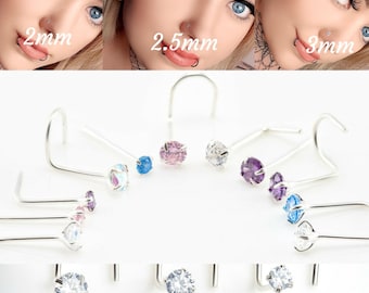 925 Sterling Silver Nose Stud 3.0mm Gem Dainty Tiny Crystal CZ Pin Nose Screw Ear Bone End L shape bend UK