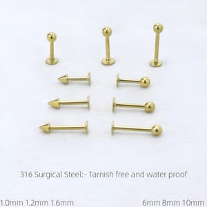 May include: Gold-coloured body jewellery, including barbell and arrow-shaped studs. The image text reads "316 Surgical Steel: - Tarnish free and water proof." Sizes include 1.0mm, 1.2mm, 1.6mm, 6mm, 8mm, and 10mm.