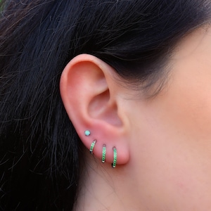 Green Silver Huggie Ear Piercing Pairs, Tiny CZ Crystals, Hypoallergenic Surgical Steel Stud Earrings with, Pink, Black, Red, Daith, Helix