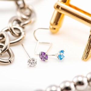 925 Sterling Silver Nose Stud 2.5mm Gem Thin Dainty Crystal CZ Pin Nose Screw Ear Bone End Tiny L shape bend UK image 9