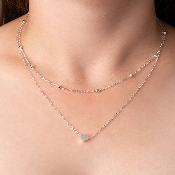 Silver Layered Heart Tiny Dainty Pendant Charm Choker Necklace Ball Detail Chic Boho Bead Jewellery For Woman
