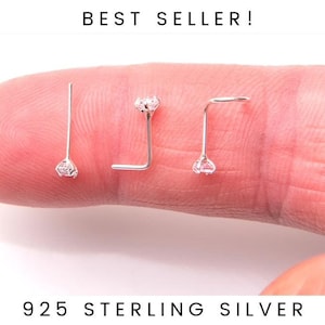 925 Sterling Silber Nasenstecker 2,0 mm Edelstein Dünn Winzig Zierlich Kristall CZ Pin Nasenschraube Ohrknochen Ende L Form Biegung UK