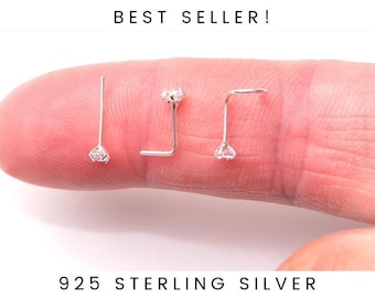 925 Sterling Silver 2.5mm Crystal L Shape Nose Pin Ring Stud 925 Sterling Silver 2.5mm Crystal L Shape Nose Pin Ring Stud